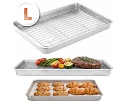 Braadslede met Afkoelrooster 304 RVS - 26,4 x 20,5 x 3 cm – Bakplaat voor Oven, BBQ & Airfryer – Zilver