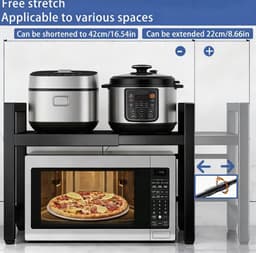 Uitschuifbaar Magnetronrek – Dubbele Laag – In Hoogte & Breedte Verstelbaar – Keuken Opbergrek met 6 Haken & Snijplankhouder – Geschikt voor Airfryer & Magnetron – Zwart — thumbnail 5