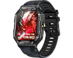 Knobbout 2.1” (3.4*4.2cm) Groot Outdoor Smartwatch – Barometer, LED-Zaklamp- Bluetooth Bellen- Kompas & Hoogtemeter- AI spraakassistent -Hartslag & SpO₂ - 650mAh Batterij - 1ATM Waterdicht - Zwarte camouflage siliconen horlogeband