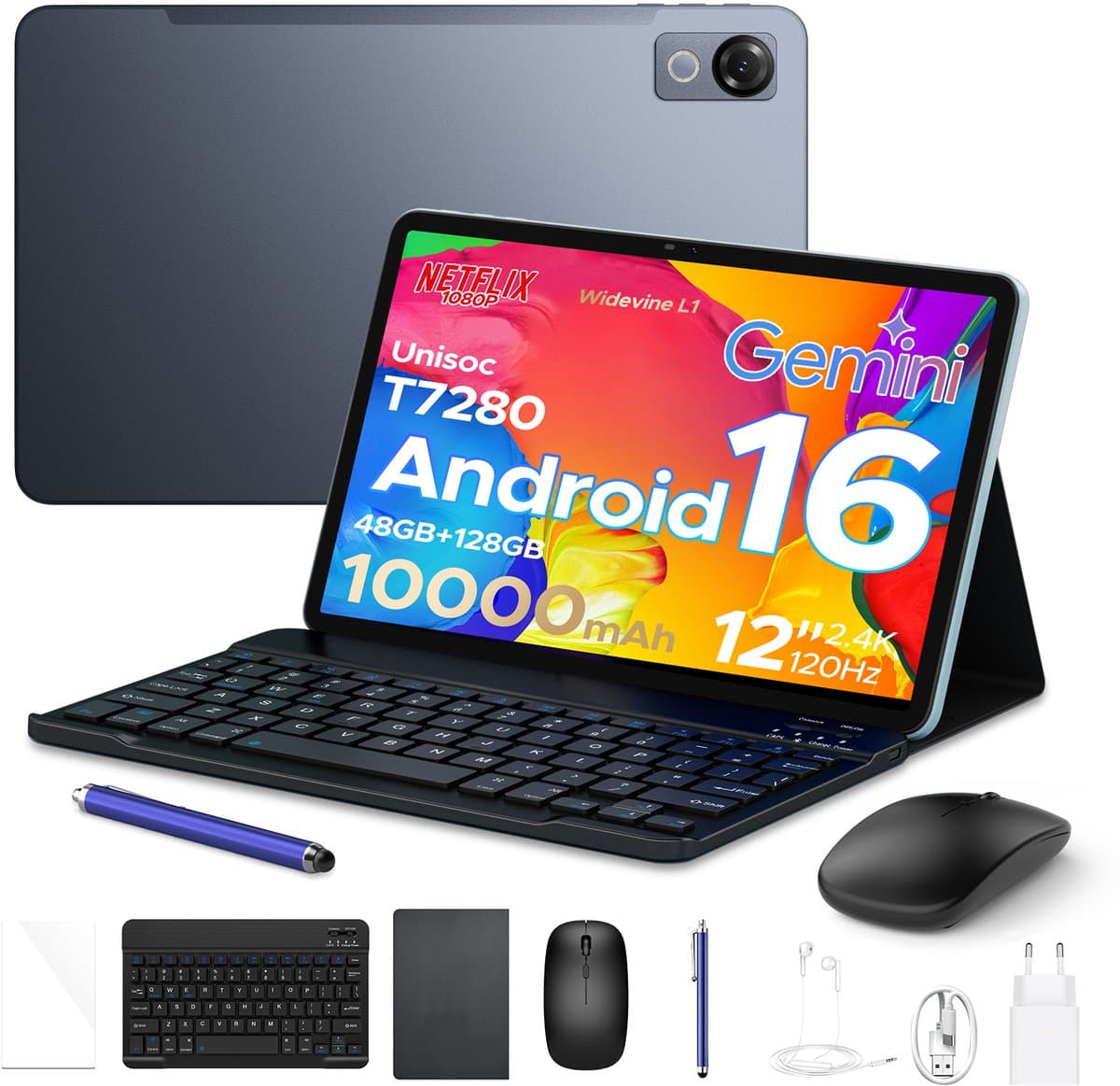 Aorlym P12 - Tablet - 48 GB RAM (8+40 GB) - 128 GB ROM (2TB/TF) - 12 inch 2K 120 Hz IPS - Android 16 - 10000 mAh /18 W - T7280 OctaCore - Dubbele camera - WiFi 5 - Bluetooth - Face ID - Toetsenbord - Stylus meegeleverd - Grijs — afbeelding 1