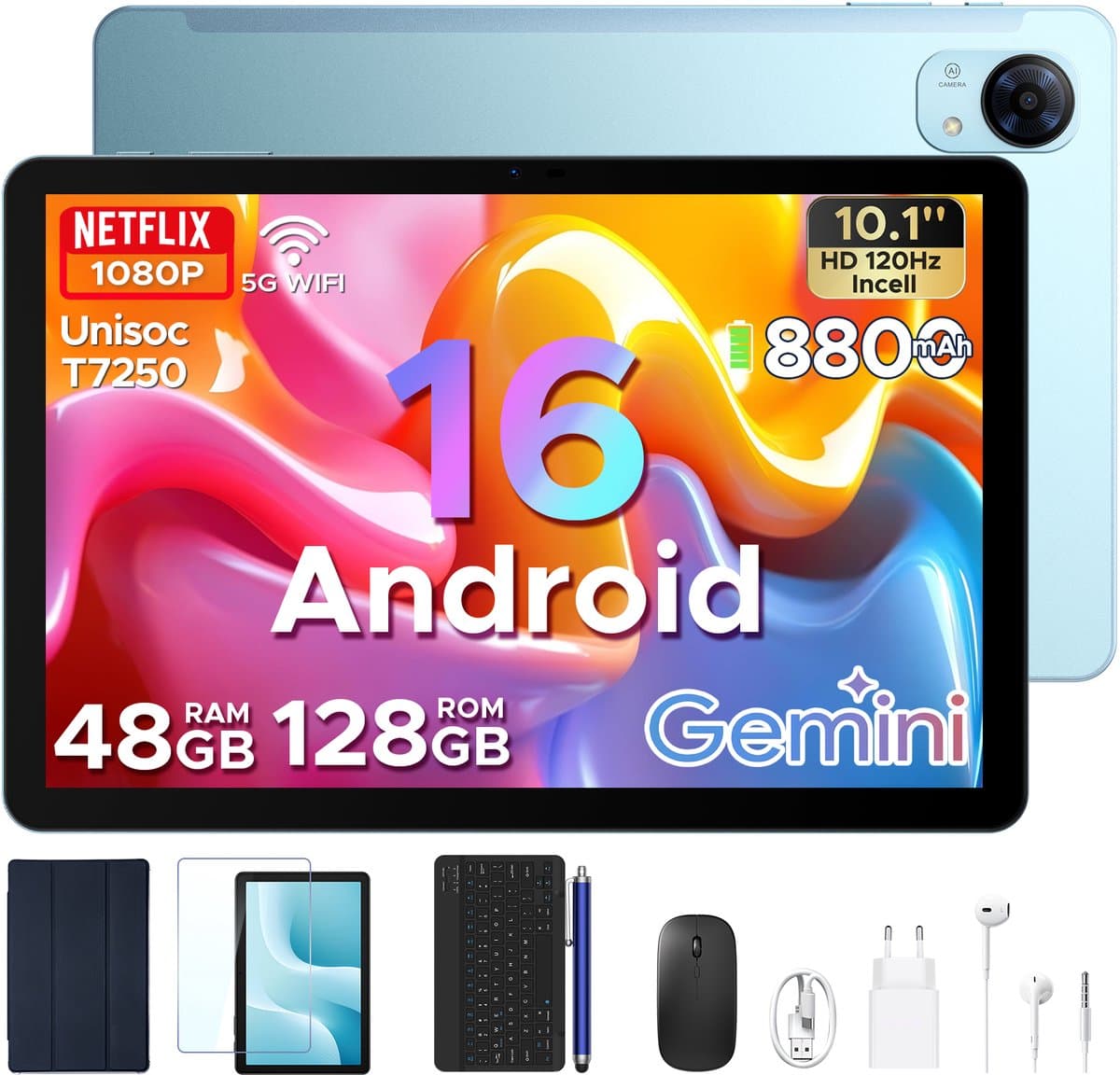 Aorlym P10 Pro - Tablet - 48 GB RAM (8+40 GB) + 128 GB ROM (2 TB/TF) - 10,1 inch HD 120 Hz - Android 16 - 8800 mAh - Gemini AI - T7250 - Face ID - Dubbele luidsprekers, complete accessoirebundel met toetsenbord en stylus - Blauw — afbeelding 1