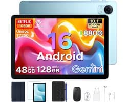 Aorlym P10 Pro - Tablet - 48 GB RAM (8+40 GB) + 128 GB ROM (2 TB/TF) - 10,1 inch HD 120 Hz - Android 16 - 8800 mAh - Gemini AI - T7250 - Face ID - Dubbele luidsprekers, complete accessoirebundel met toetsenbord en stylus - Blauw