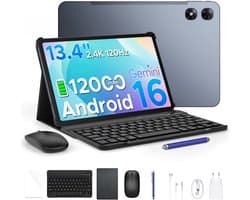 POCKAM P13 Pro - Tablet - Tablets - 12 GB RAM + 256 GB ROM (2 TB/TF) - 13,4 inch FHD+120 Hz - Android 16 - UNISOC T7280 - 12000 mAh/18W - 4G LTE - Wi-Fi 5 - Bluetooth 5.0 - Inclusief toetsenbord, muis, Stylus en hoesje - Dubbele luidsprekers - Grijs