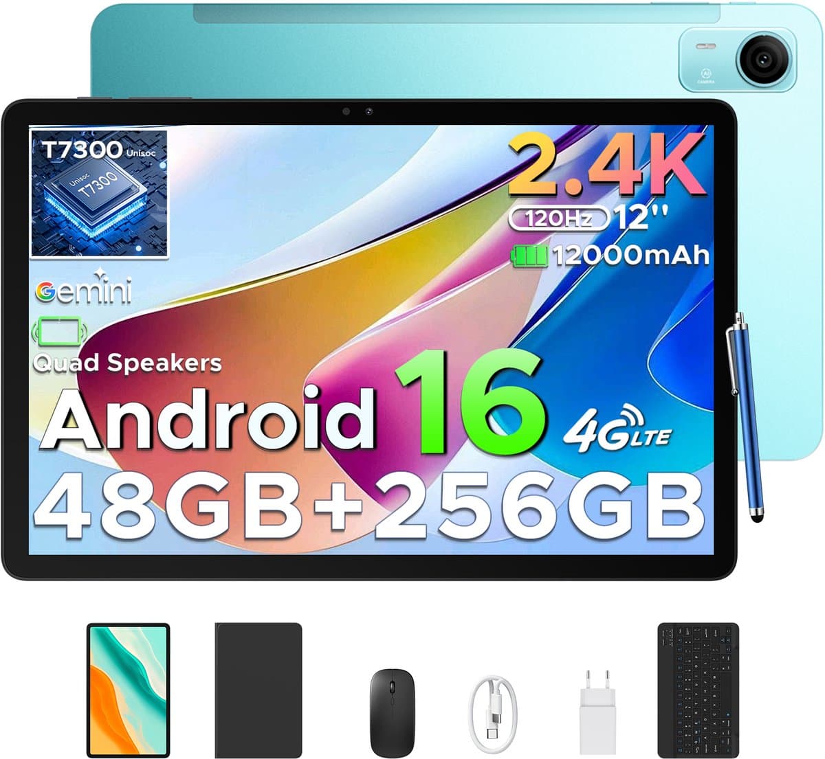 POCKAM P12 Pro - Tablet - 48GB RAM (12+36GB) + 256 GB ROM (2 TB/TF) - 12 Inch 2K 120Hz IPS - Android 16 - 12000mAh/18W - 4G LTE - Wi-Fi 5 - Bluetooth 5.0 - T7300 - Quad Speakers - Volledige accessoirebundel met toetsenbord en stylus-Blauw — afbeelding 1