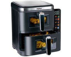 alpina Dubbele Airfryer XXL - Air Fryer 11L - Heteluchtfriteuse met 2 Manden - Duo Oven voor 8 Personen - Opvouwbaar Display - Timerfunctie tot 60 Minuten - Temperatuur 60-200°C - Zwart