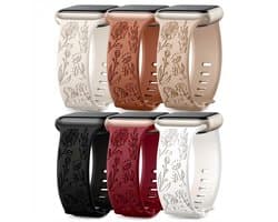 Gemengde kleur horlogebandjes 42 44 45 49 mm geschikt voor Apple Watch dames met bloemen gravure, siliconen smartwatch bandjes set van 6 vervangende horloge bandjes met gesp