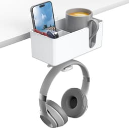 4-in-1 bureau-organizer - Hoofdtelefoonhaak onder het bureau - met twee kabeldoorvoeropeningen - Draaibare hoofdtelefoonstandaard - geschikt voor bekers, telefoons en pennen - Wit — thumbnail 1