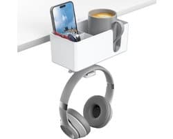 4-in-1 bureau-organizer - Hoofdtelefoonhaak onder het bureau - met twee kabeldoorvoeropeningen - Draaibare hoofdtelefoonstandaard - geschikt voor bekers, telefoons en pennen - Wit