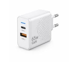 Gmedia USB-C Oplader 65W – 2-Poorts Snellader met USB-C PD & USB-A QC 3.0 – Krachtige Universele Adapter voor Telefoon, Tablet & Laptop - Wit