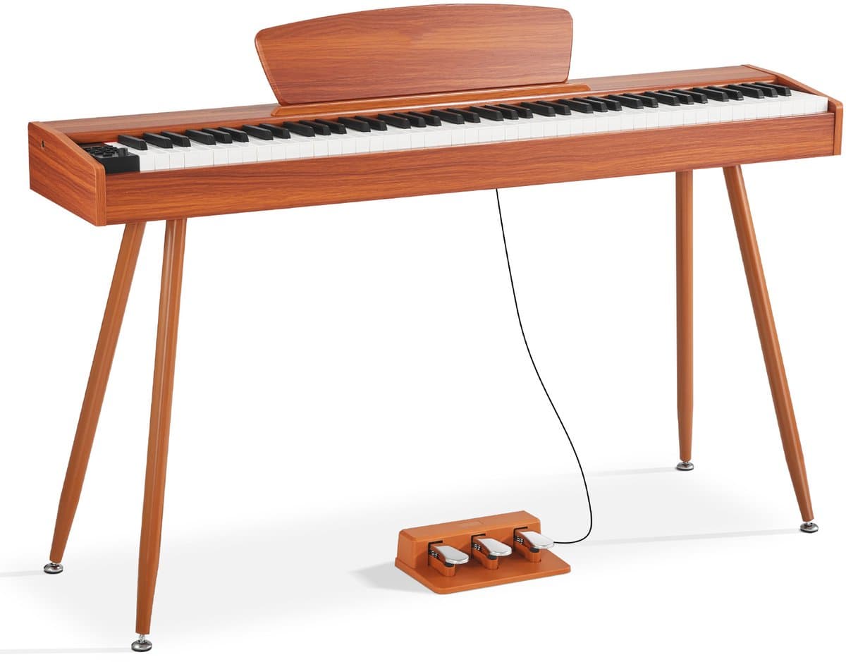 88-toetsen volledig gewogen digitale piano, elektrisch keyboard met muziekstandaard, drievoudig pedaal, voedingsadapter, 280 tonen, draadloze connectiviteit, ideaal voor beginners, houten afwerking — afbeelding 1
