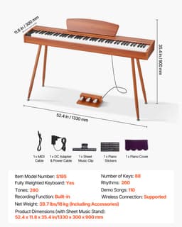 88-toetsen volledig gewogen digitale piano, elektrisch keyboard met muziekstandaard, drievoudig pedaal, voedingsadapter, 280 tonen, draadloze connectiviteit, ideaal voor beginners, houten afwerking — thumbnail 5
