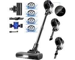 Fukstern Draadloze Steelstofzuiger - 38kPa Zuigkracht - 50 Minuten Werktijd - 2 Zuigstanden - 8-lags HEPA-filtersysteem - Zwart