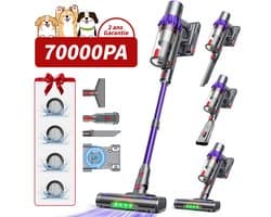 RAYOFI Steelstofzuiger - accu stofzuiger - Steelstofzuiger Draadloos 70000PA - LED-Display - draadloze stofzuiger - 3 Standen Zuigkracht -Steelstofzuigers - Anti-klit vloerborstel - 20-60 Min Werktijd - 1,8L - Paars