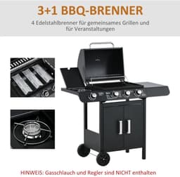 Gasbarbecue - Gasbarbecue en grill - 3 Branders + 1 Zijbrander - Met Thermometer, Opbergplank en Warmhoudplaten - Zwart — thumbnail 5