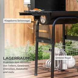 Premie Houtskool Barbecue - Smoker Barbecue - Barbecuegrill - Houtskoolgrill met Deksel, Handgrepen, Thermometer, Wielen - Verplaatsbaar - BBQ voor buiten, tuin - 83 x 46,5 x 115 cm - Zwart — thumbnail 2