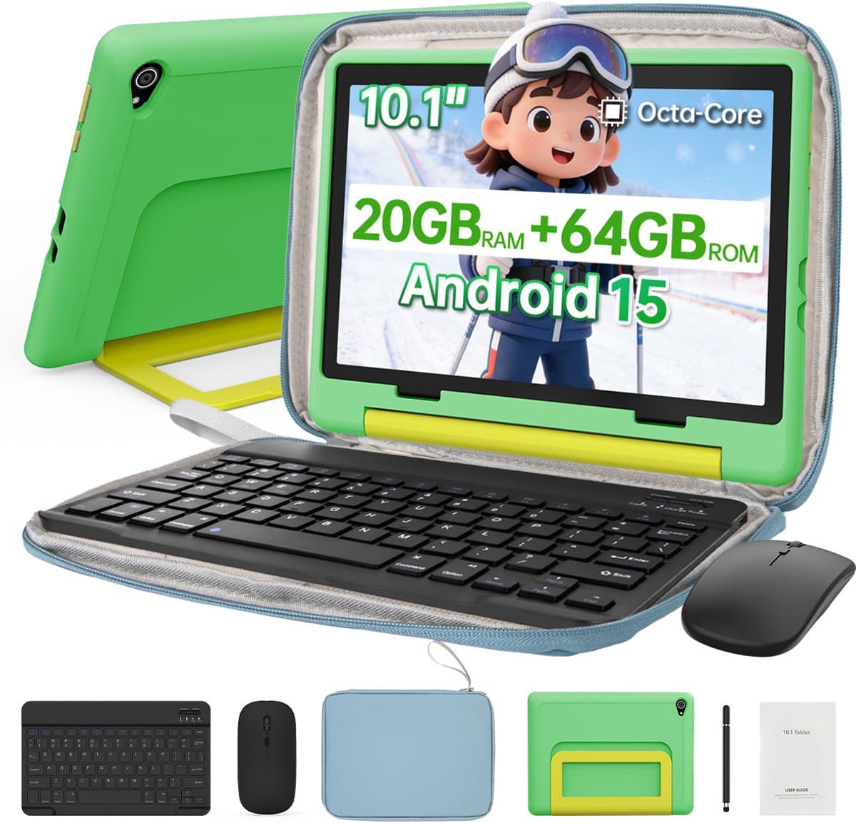 Hotlight 10.1 Kindertablet – Android 15 Tablet met Toetsenbord – Blauw Tablet Hoes Sleeve – Stylus - Muis – 20 GB RAM/64GB ROM - Ouderlijk Toezicht – Vanaf 3 Jaar — afbeelding 1