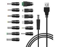 Ynkkvre -USB naar DC-stroomkabel 1M - 13-in-1 universele stroomkabel - 5V/3A - 5,5 x 2,1 mm DC Power Connector - Stroomkabeladapter - Met barrel jack 2.5x0.7mm, 3.5x1.35mm, 4.0x1.7mm, 5.5x2.5mm, 3.0x1.0mm connectoren - USB-oplaadkabel voor laptops