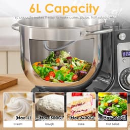 Lunekiss 6L keukenmixer met 1200W stille DC‑motor, 6 snelheden, LED‑timer, RVS mengkom en accessoires – Grijs — thumbnail 4