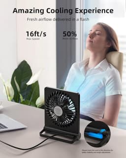 USB-ventilator, sterke wind, ultrastille kleine bureauventilator, 220° kantelbaar, opvouwbaar, 3 snelheden, verstelbare USB-C-voeding, persoonlijke ventilator met snoer voor thuis, kantoor, desktop, zwart — thumbnail 2