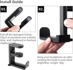 Headset houder - headset stand - Draaibare hoofdtelefoonstandaard - gamingheadsethouder - met 360 graden draaibaarheid en kabelclip-organizer - verstelbare klembeugel onder bureau - Zwart — thumbnail 5
