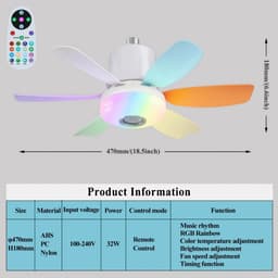 Bovista Plafondventilator - Met Verlichting - Plafond Ventilator - Met Lamp - Plafonniere Met Ventilator - Met Licht - Kleur - 47cm — thumbnail 2