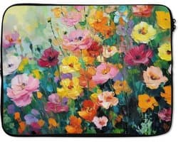 Laptophoes 17 inch - Bloemen explosie - Heldere kleuren - Vrolijk - Laptop sleeve - Binnenmaat 41x28 cm - Zwarte achterkant