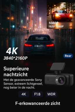 4K Dashcam Auto Voor en Achter – Dashcam – Videorecorder – Auto Camera – Met Wifi, GPS & 1.47” Scherm – GPS – Nachtzicht, Parkeermodus, G-sensor & Loop Recording – Mini DVR Autocamera met USB-C – SD-kaart – Zwart — thumbnail 5