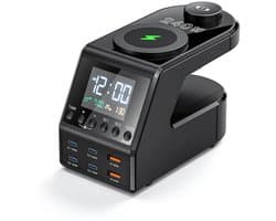 DrPhone GaNForce3 240W 10-in-1 GaN Oplaadstation – 4x USB-C PD3.1 140W + 2x USB-A QC3.0 – Dual Wireless Charging Voor Airpods & Apple Watch – Digitaal Display & Dubbele Wekker – Voor Laptop, iPhone, Samsung, iPad - Zwart