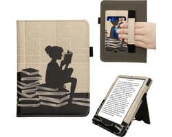 kwmobile e-reader hoesje geschikt voor Amazon Kindle Paperwhite (2024)/Colorsoft hoes - E reader flip case van kunstleer - Ereader cover met stand - Meisje met boeken design in zwart / beige