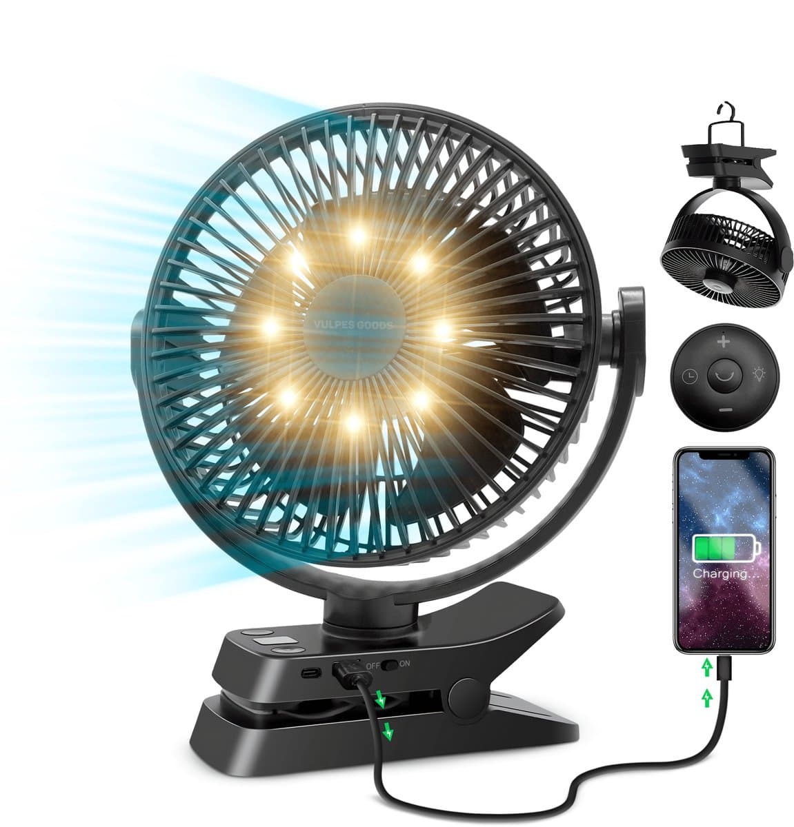 Vulpes Goods® Tech - Tafelventilator MAX - Ventilator - Oplaadbaar & Draadloos - Stille USB Ventilator met Afstandsbediening - 5 Snelheden & Verlichting - Ultra Stil - 12000 mAh & Powerbankfunctie - Zwart — afbeelding 1