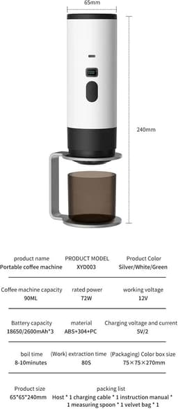 Draagbaar koffiezetapparaat 3-in-1 Wit - Oplaadbaar, draagbaar reiskoffiezetapparaat - 12V espressomachine voor capsule-Capaciteitsupgrade -CNC - Verhoogde capaciteit-gemalen koffie en koffie cups - voor kamperen, reizen, kantoor, auto en thuis — thumbnail 5