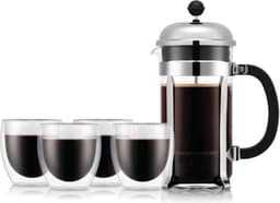 Luxe French press koffiezetapparaat - BODUM cafetière - 8 kopjes 1,0 l + 4 dubbelwandige PAVINA glazen 25 cl — thumbnail 4