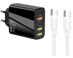 65W USB Lader met Dual USB-C PD + 3X USB-A - Inclusief 1 meter 3A USB-C naar USB-C Kabel - Snellader geschikt voor Smartphone, Tablet en Laptop - zwart