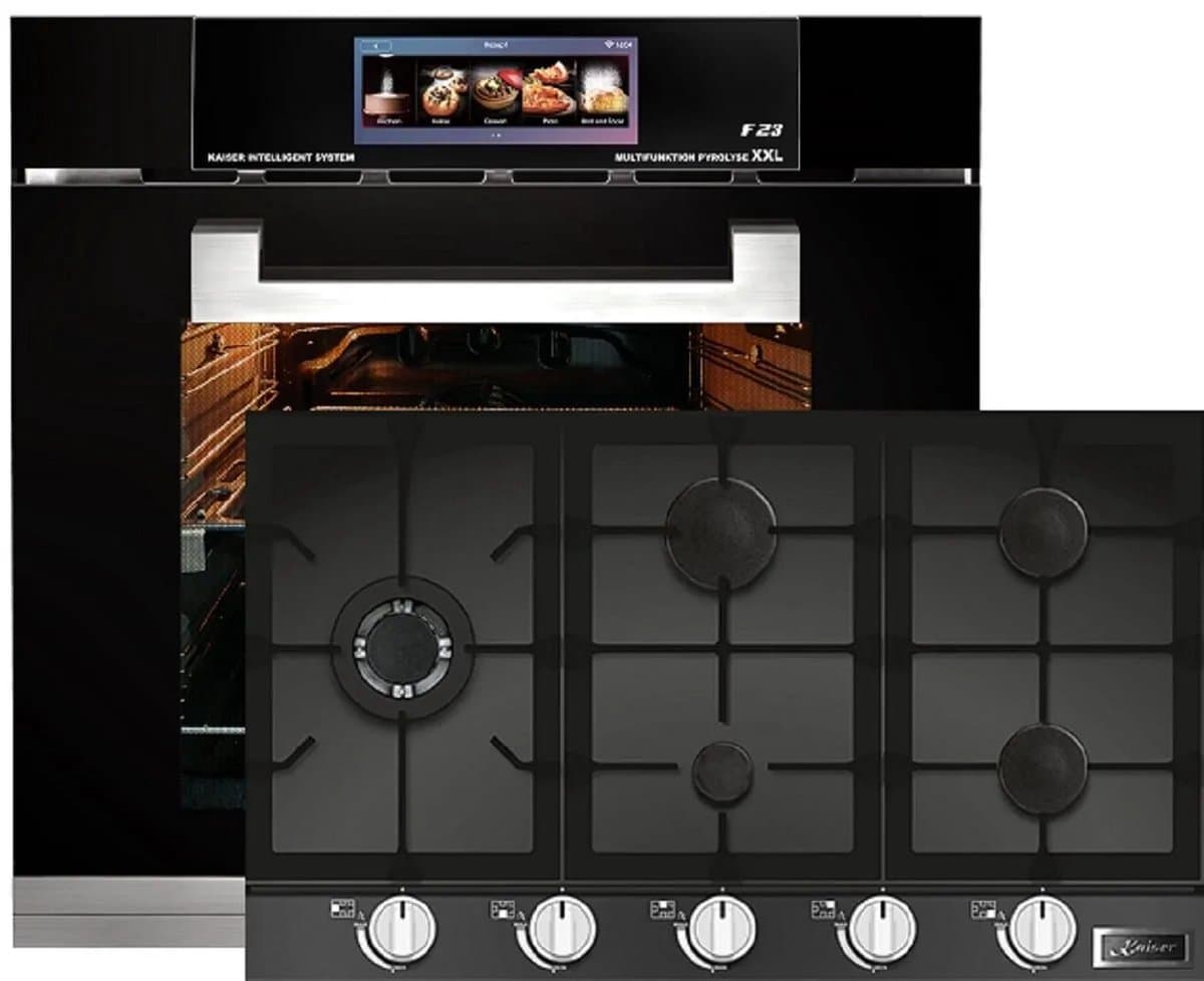 Inbouwoven - Kaiser - EH 6344 - Inbouwoven 60 cm - Zwart glas- 79 l - Air fryer- TFT - automatische braadfunctie + Gaskookplaat - KCG 9387- inbouwkookplaat , 90cm — afbeelding 1