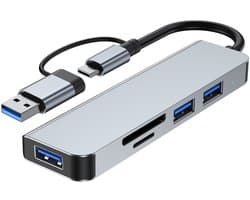 Gloovon® - 5-in-1 USB C Hub - USB Splitter - 1 x MicroSD en SD-Kaartsleuf - 3 x USB 3.0 - Geschikt voor Macbook Pro / Air / Windows / Universeel - Blauw Titanium