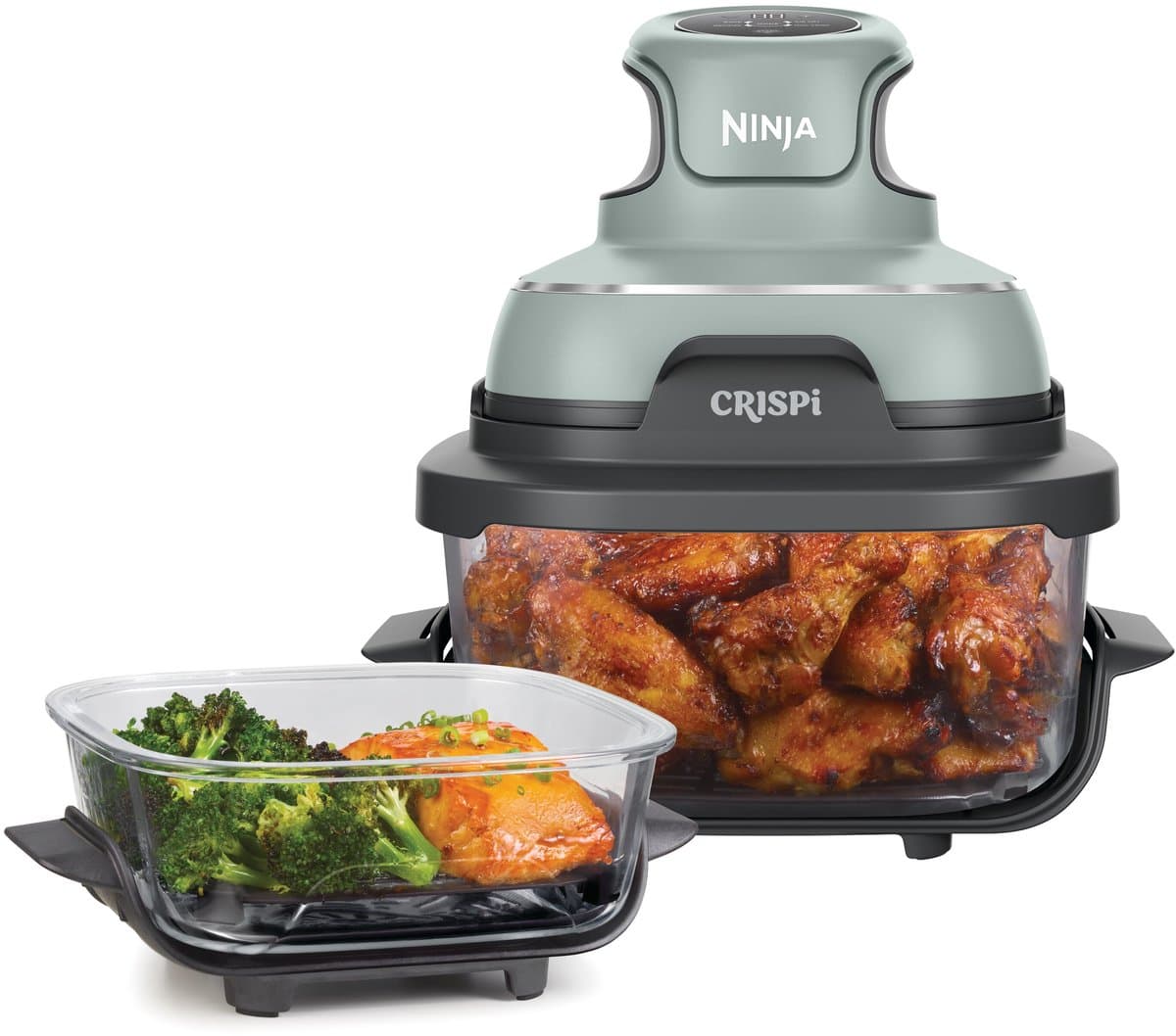 Ninja CRISPi 4-in-1 compact glazen kooksysteem - Airfryer, Roast, Recrisp, Keep Warm - Inclusief twee glazen schalen van 3.8L en 1.4L en bijpassende deksels - 2 Crisper-Plates - Groen - FN101EUSG — afbeelding 1