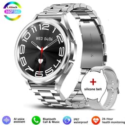 Knobbout Slimme Bluetooth Smartwatch 1.46" – Full HD Kleuren Display – Hartslag & Bloeddruk & Bloedzuurstof – Bluetooth Bellen, Muziek, AI Spraakbesturing – Vrouwen Gezondheid, Waterdicht – iOS & Android - Zilver staal+silicone horlogebandjes — thumbnail 1