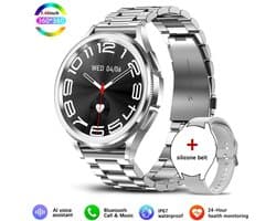 Knobbout Slimme Bluetooth Smartwatch 1.46" – Full HD Kleuren Display – Hartslag & Bloeddruk & Bloedzuurstof – Bluetooth Bellen, Muziek, AI Spraakbesturing – Vrouwen Gezondheid, Waterdicht – iOS & Android - Zilver staal+silicone horlogebandjes