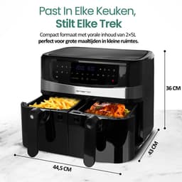 Emerio Dubbele Airfryer XXL 2400W - 10 Liter Heteluchtfriteuse - Regelbare thermostaat 50ºC tot 200ºC - 9 Kookprogramma's - AF-126672.4 Zwart — thumbnail 5