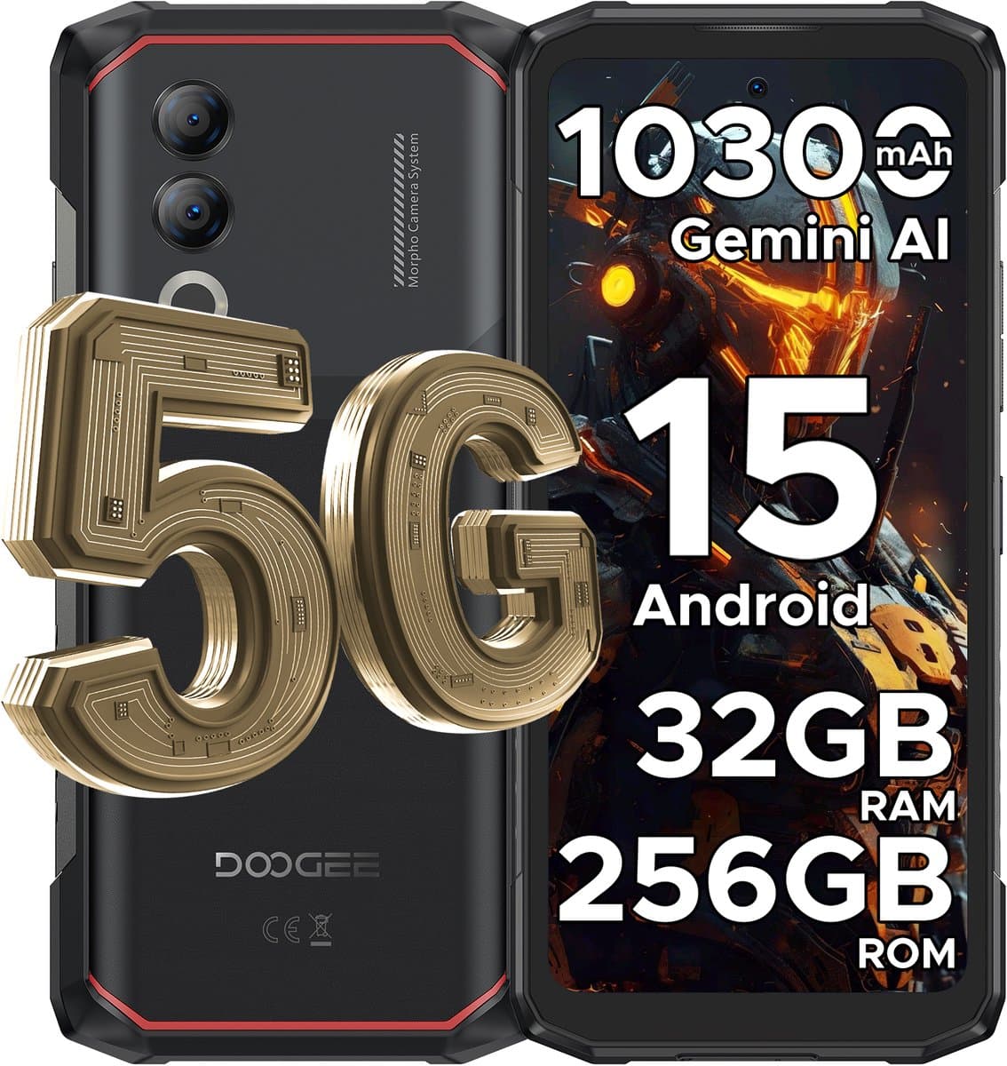 DOOGEE Blade 20 Turbo 5G -AI Smartphone - Rrugged Smartphone - 32GB RAM+256GB ROM - 10300mAh/33W - 6,6 inth HD & 90Hz- Android 15- Face ID - NFC - GPS - WiFi 6- Zwart — afbeelding 1