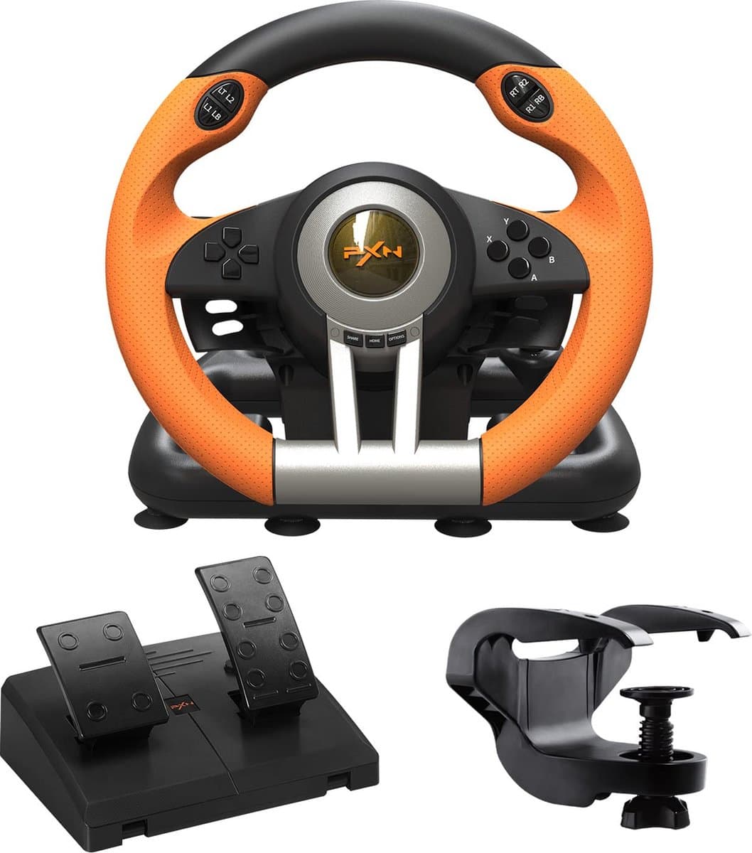 PXN - V3 Pro - Race Stuur met Pedalen & Flippers - Game Stuur - Geschikt voor PS4 - Xbox One - PC - Xbox Series X|S - PS3 - Nintendo Switch - OR — afbeelding 1
