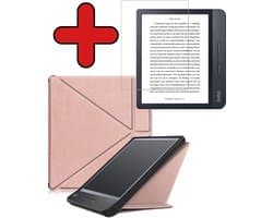 Hoes Geschikt voor Kobo Libra H2O - Met Screenprotector - Luxe E-reader Trifold Case - Bescherm Hoesje Book Cover - Rosé Goud