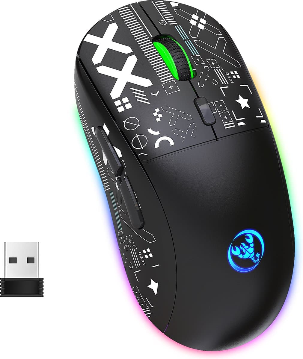 HXSJ T90 2.4G Stille Draadloze Gaming Muis - Bluetooth - Computermuizen - Ultra licht - RGB Verlichting - Zwart — afbeelding 1