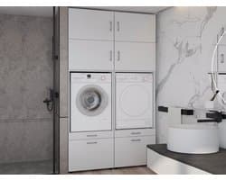 MOBISTOXX Wasmachine Kast - Set van 2 - Wasmachine Verhoger - Wasmachine Ombouw - 135 cm x 67 cm x 233 cm (B x D x H) - Met Lade Voor Wasmand - Voor Wasmachine en Droogkast - Extra Kastruimte Boven - Wit