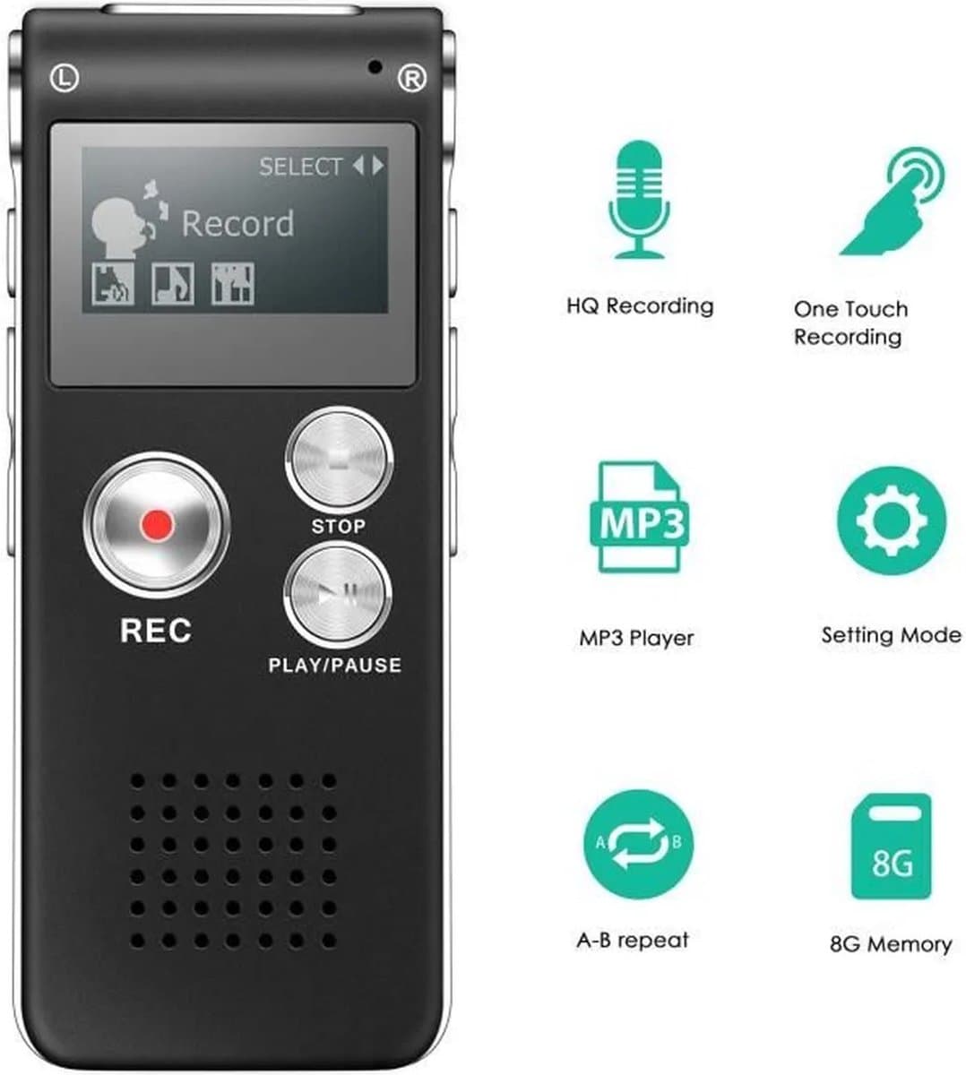 LOUZIR Digitale Dictafoon Voice Recorder 8GB Audio Opname Spraak Recorder met Display — afbeelding 1