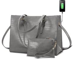 Lubellie® Crolina Tweedelige elegante Dames Handtassen set met een USB-oplaad poort - Dames laptoptas - Schoudertas - Een laptopvak voor 15,6 inch Laptops - Met gratis clutch - Grijs