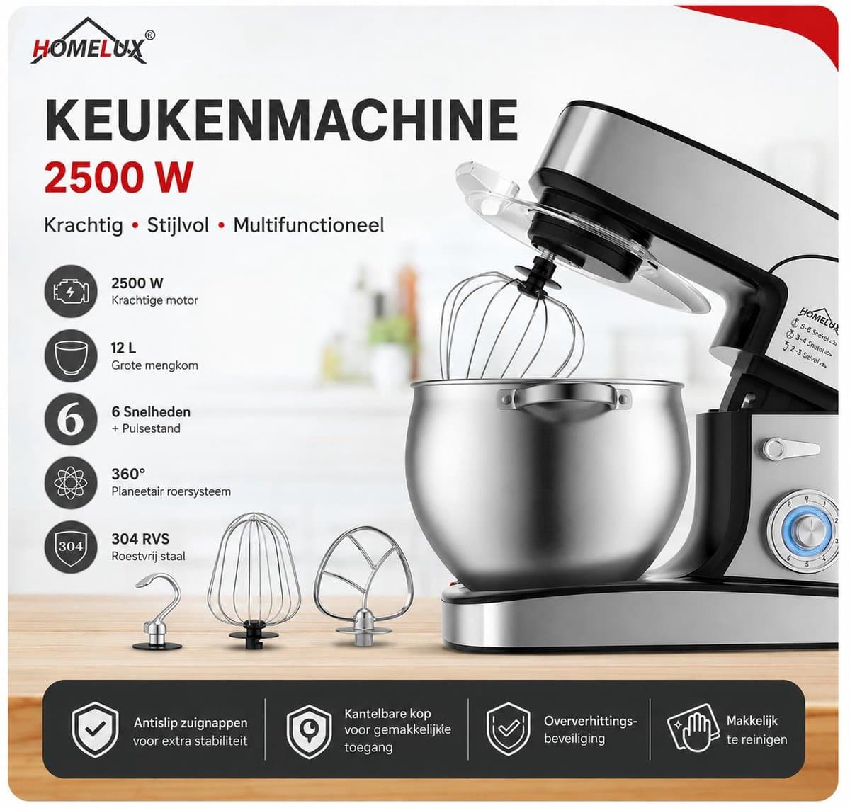 Homelux Keukenmachine 12L – Mixer met Mengkom RVS – Planetaire Mixer 2000W – Deegkneder – Keukenmixer met Garde & Klopper – — afbeelding 1
