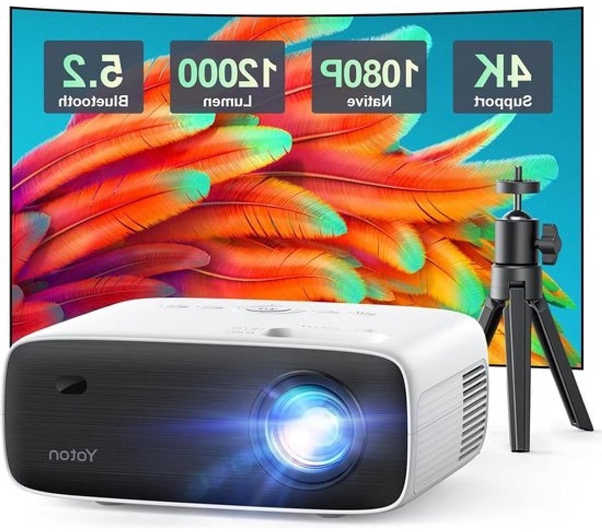Bluetooth Projector 4K met Statief - Native 1080P 12000 Lumens - Bluetooth 5.2 - Draagbare Home Video Movie Projector - Compatibel met iOS-Android-HDMI-USB-AV-SD Card - Home Cinema Beamer — afbeelding 1