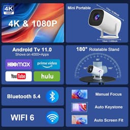4K, Full HD, 1080p, draagbare projector met WiFi 6 en Bluetooth 5.4, autokeystone en handmatige scherpstelling, 180° draaibaar, compatibel met iOS/Android/HDMI/TV Stick/laptop/pc — thumbnail 3