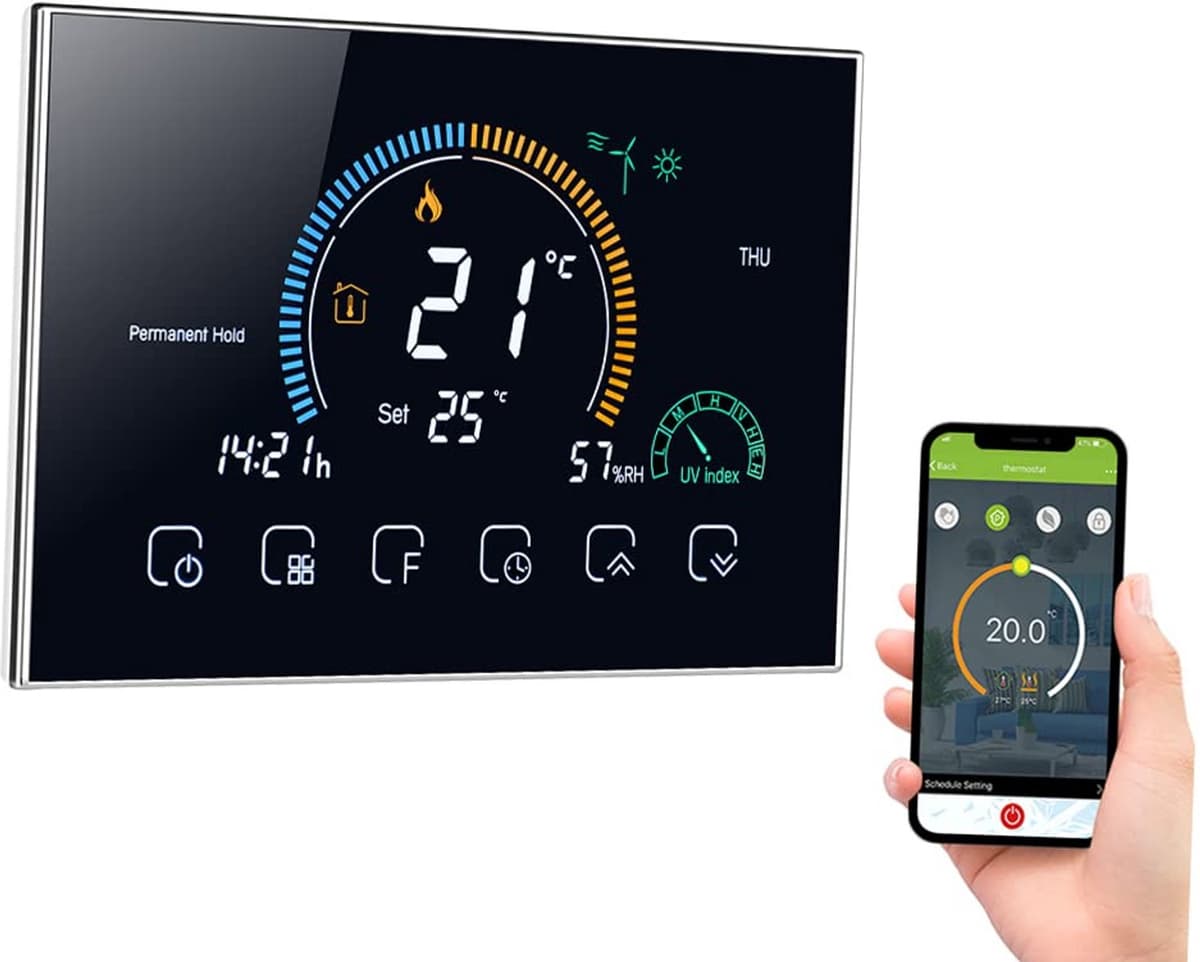 Thermostaat voor gasboiler, intelligente wifi-thermostaat voor thuis, programmeerbare intelligente thermostaat met spraakbediening, lcd-display met achtergrondverlichting, zwart — afbeelding 1